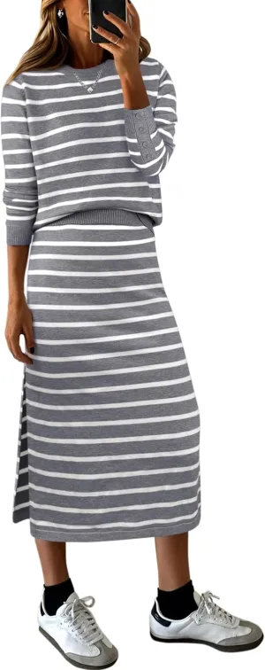 ANRABESS Women 2 Piece Outfits Striped Sweater Skirt Sets 2025 Fall Casual Long Sleeve Pullover Top Lounge Travel Midi Dress