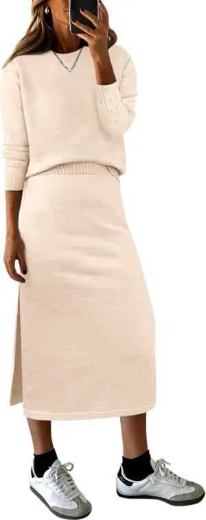 ANRABESS Women 2 Piece Outfits Striped Sweater Skirt Sets 2025 Fall Casual Long Sleeve Pullover Top Lounge Travel Midi Dress