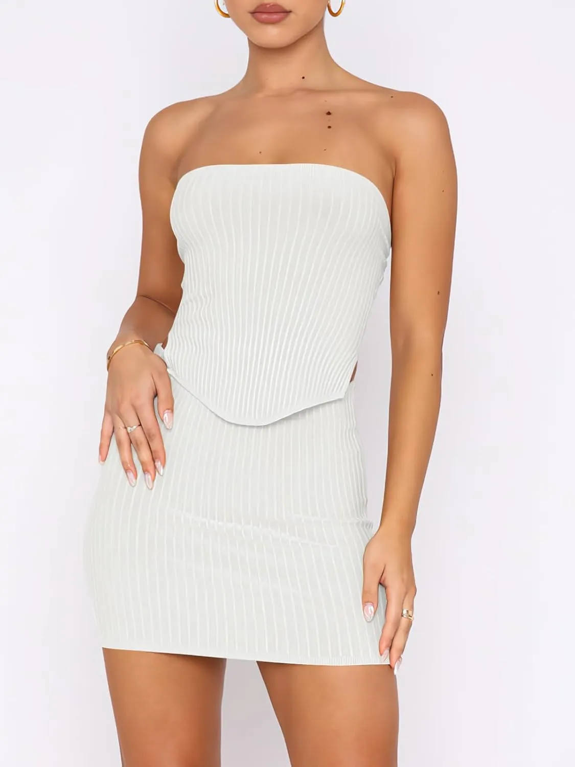 ANRABESS Women 2 Piece Skirt Sets Summer Strapless Crop Top Matching Bodycon Sexy Going Out Mini Club Dress Outfit Clothes