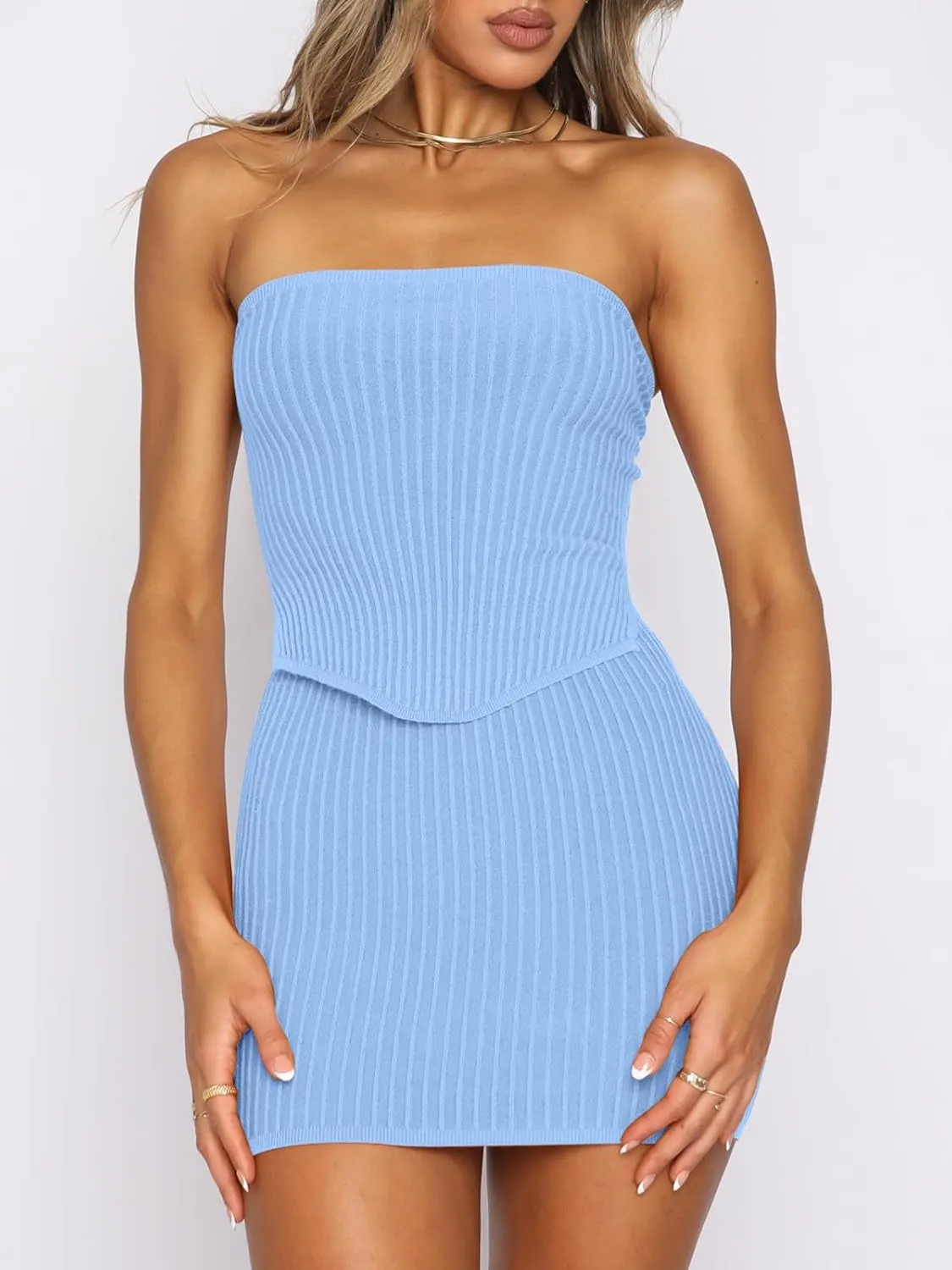 ANRABESS Women 2 Piece Skirt Sets Summer Strapless Crop Top Matching Bodycon Sexy Going Out Mini Club Dress Outfit Clothes