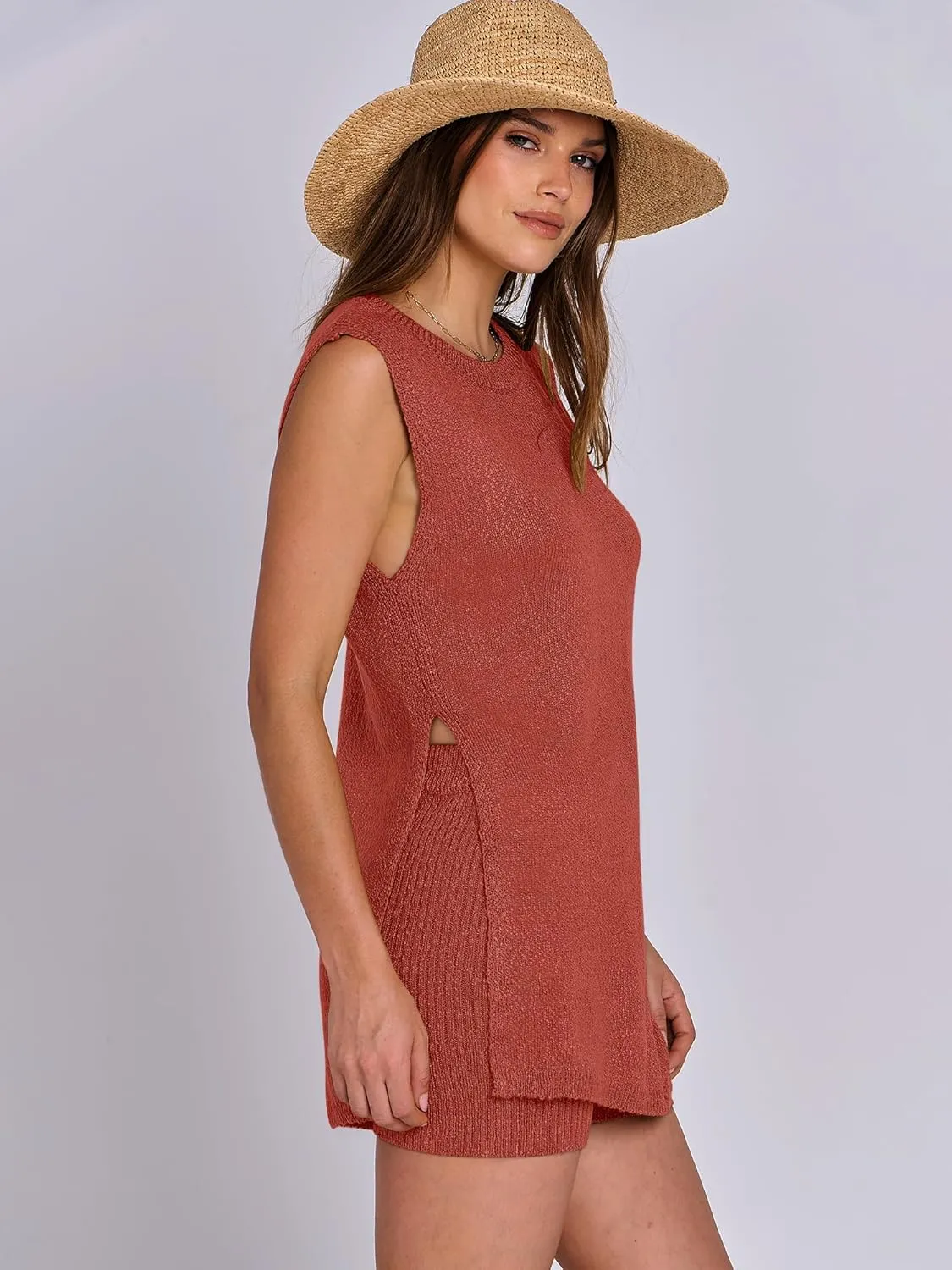 ANRABESS Women Summer 2 Piece Outfits Sleeveless Knit Sweater Top & Shorts Soft Lounge Sets Travel Beach 2025 Spring Clothes