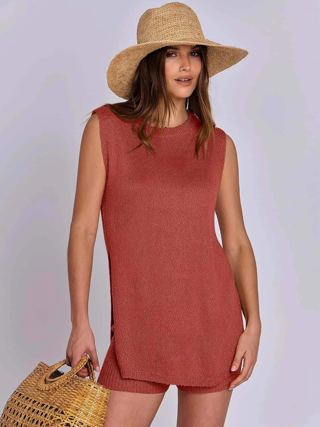 ANRABESS Women Summer 2 Piece Outfits Sleeveless Knit Sweater Top & Shorts Soft Lounge Sets Travel Beach 2025 Spring Clothes