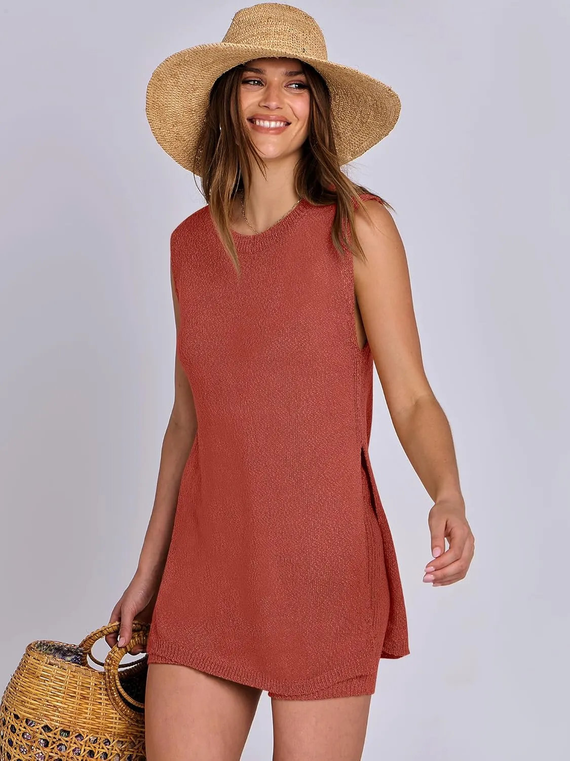 ANRABESS Women Summer 2 Piece Outfits Sleeveless Knit Sweater Top & Shorts Soft Lounge Sets Travel Beach 2025 Spring Clothes