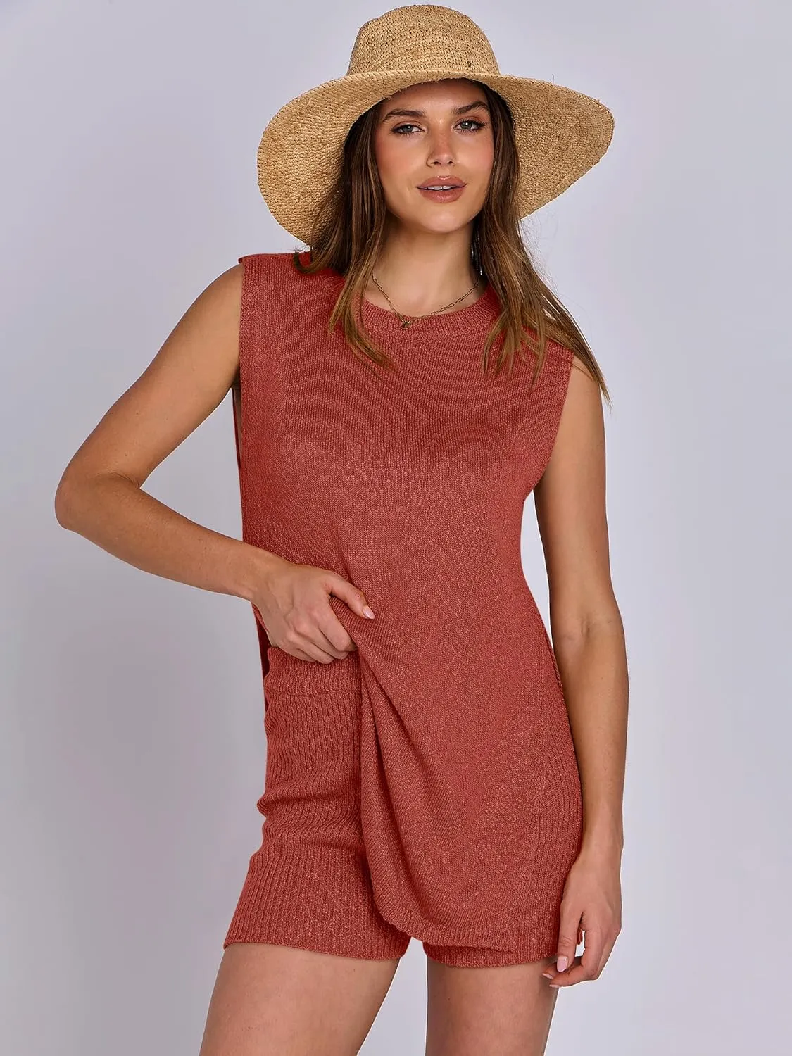 ANRABESS Women Summer 2 Piece Outfits Sleeveless Knit Sweater Top & Shorts Soft Lounge Sets Travel Beach 2025 Spring Clothes