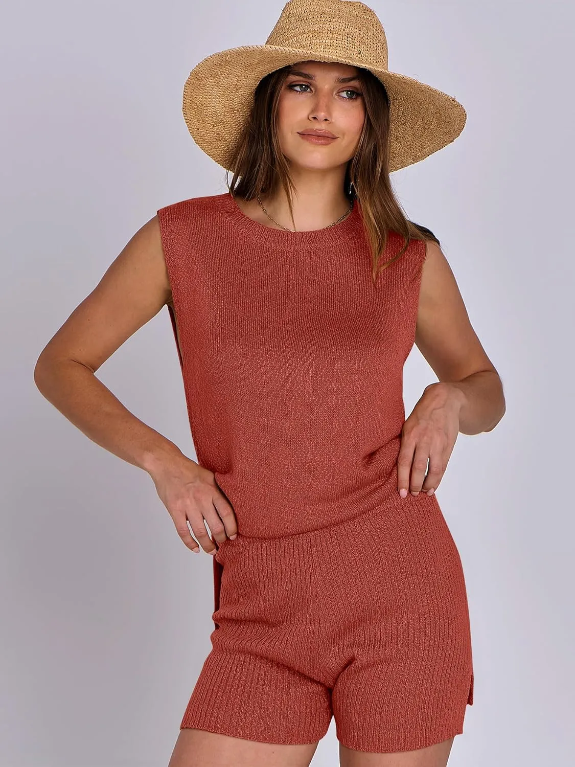 ANRABESS Women Summer 2 Piece Outfits Sleeveless Knit Sweater Top & Shorts Soft Lounge Sets Travel Beach 2025 Spring Clothes