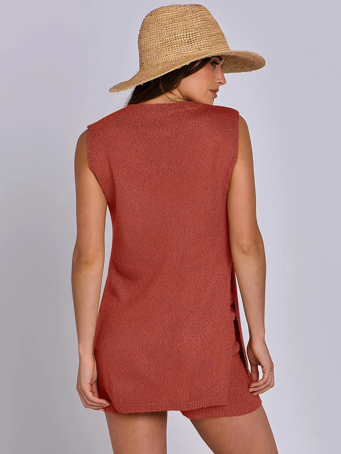 ANRABESS Women Summer 2 Piece Outfits Sleeveless Knit Sweater Top & Shorts Soft Lounge Sets Travel Beach 2025 Spring Clothes