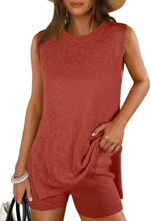 ANRABESS Women Summer 2 Piece Outfits Sleeveless Knit Sweater Top & Shorts Soft Lounge Sets Travel Beach 2025 Spring Clothes