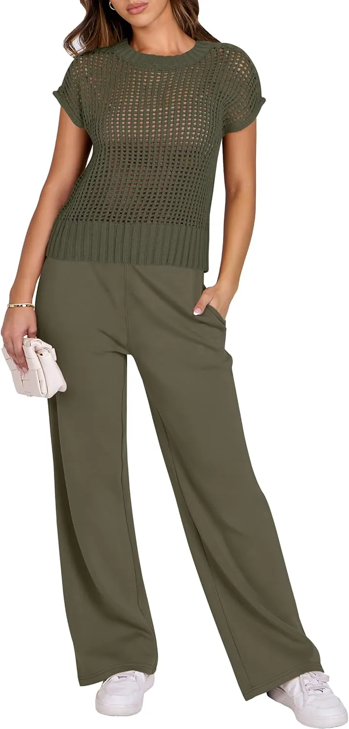 ANRABESS Women Two Piece Outfits Crochet Sheer Knit Sweater Top Wide Leg Pants Lounge Matching Sets Sweatsuit Travel Clothes