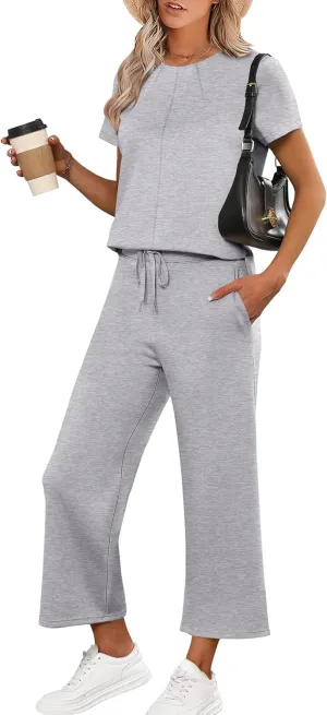 ANRABESS Women's 2 Piece Outfits Lounge Sets 2025 Summer Sweatsuits Short Sleeve Wide Leg Pants Sweat Set Tracksuits Clothes
