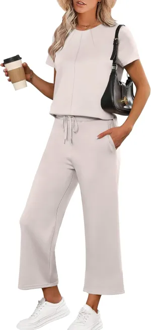 ANRABESS Women's 2 Piece Outfits Lounge Sets 2025 Summer Sweatsuits Short Sleeve Wide Leg Pants Sweat Set Tracksuits Clothes