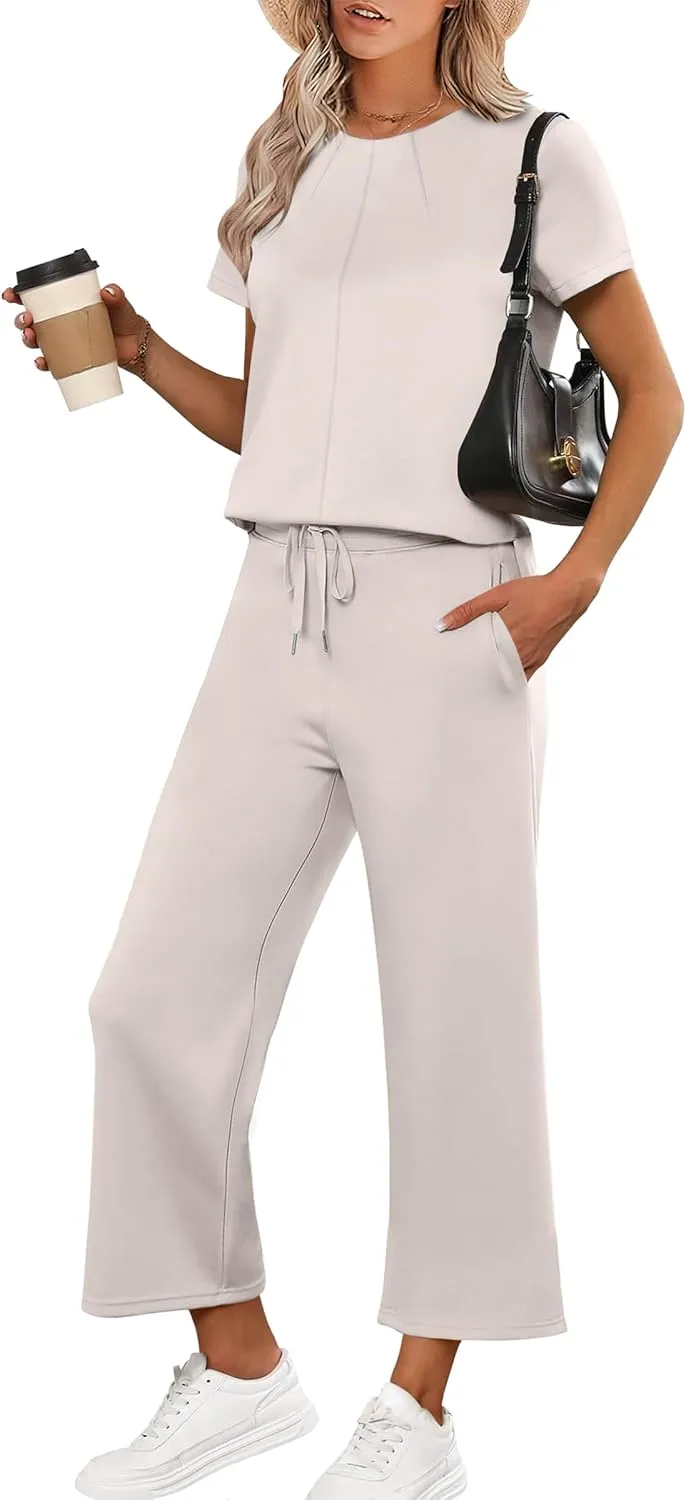 ANRABESS Women's 2 Piece Outfits Lounge Sets 2025 Summer Sweatsuits Short Sleeve Wide Leg Pants Sweat Set Tracksuits Clothes