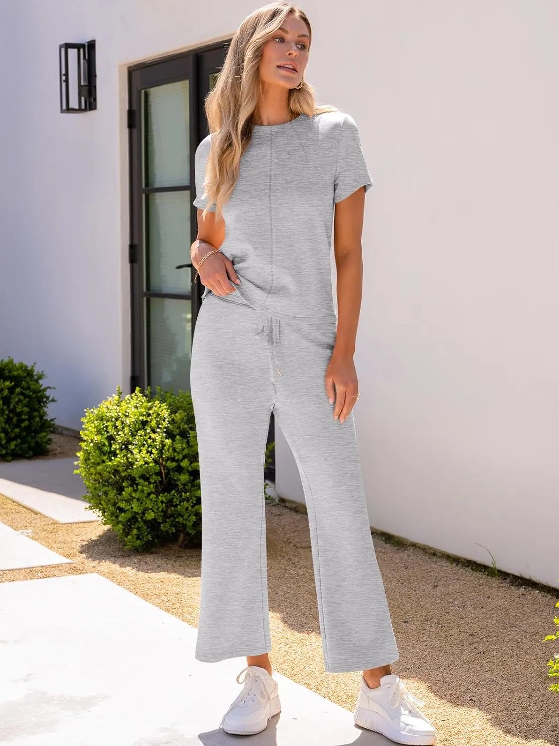 ANRABESS Women's 2 Piece Outfits Lounge Sets 2025 Summer Sweatsuits Short Sleeve Wide Leg Pants Sweat Set Tracksuits Clothes