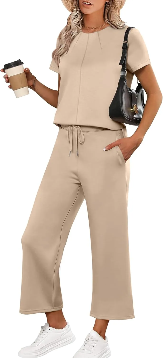 ANRABESS Women's 2 Piece Outfits Lounge Sets 2025 Summer Sweatsuits Short Sleeve Wide Leg Pants Sweat Set Tracksuits Clothes