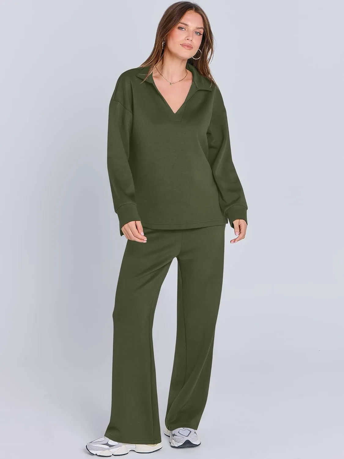 ANRABESS Women's 2 Piece Outfits Lounge Sets Casual Long Sleeve Sweatsuits Polo Top Wide Leg Pants Spring Sweat Matching Sets
