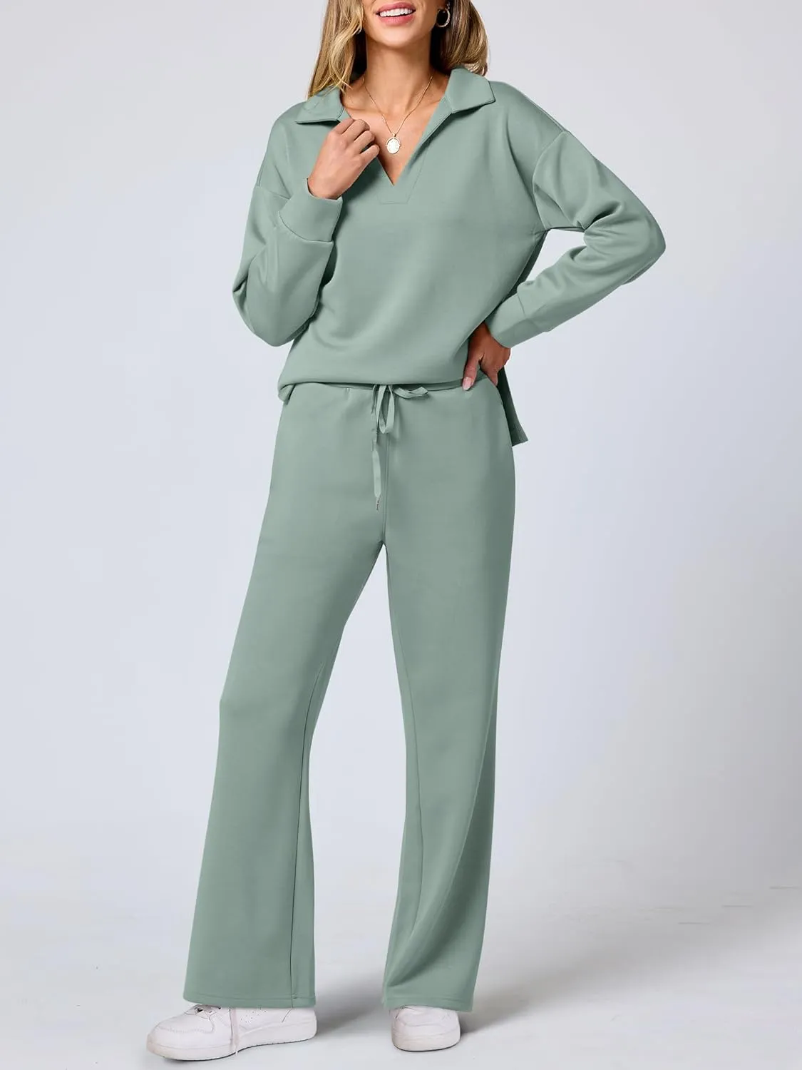 ANRABESS Women's 2 Piece Outfits Lounge Sets Casual Long Sleeve Sweatsuits Polo Top Wide Leg Pants Spring Sweat Matching Sets