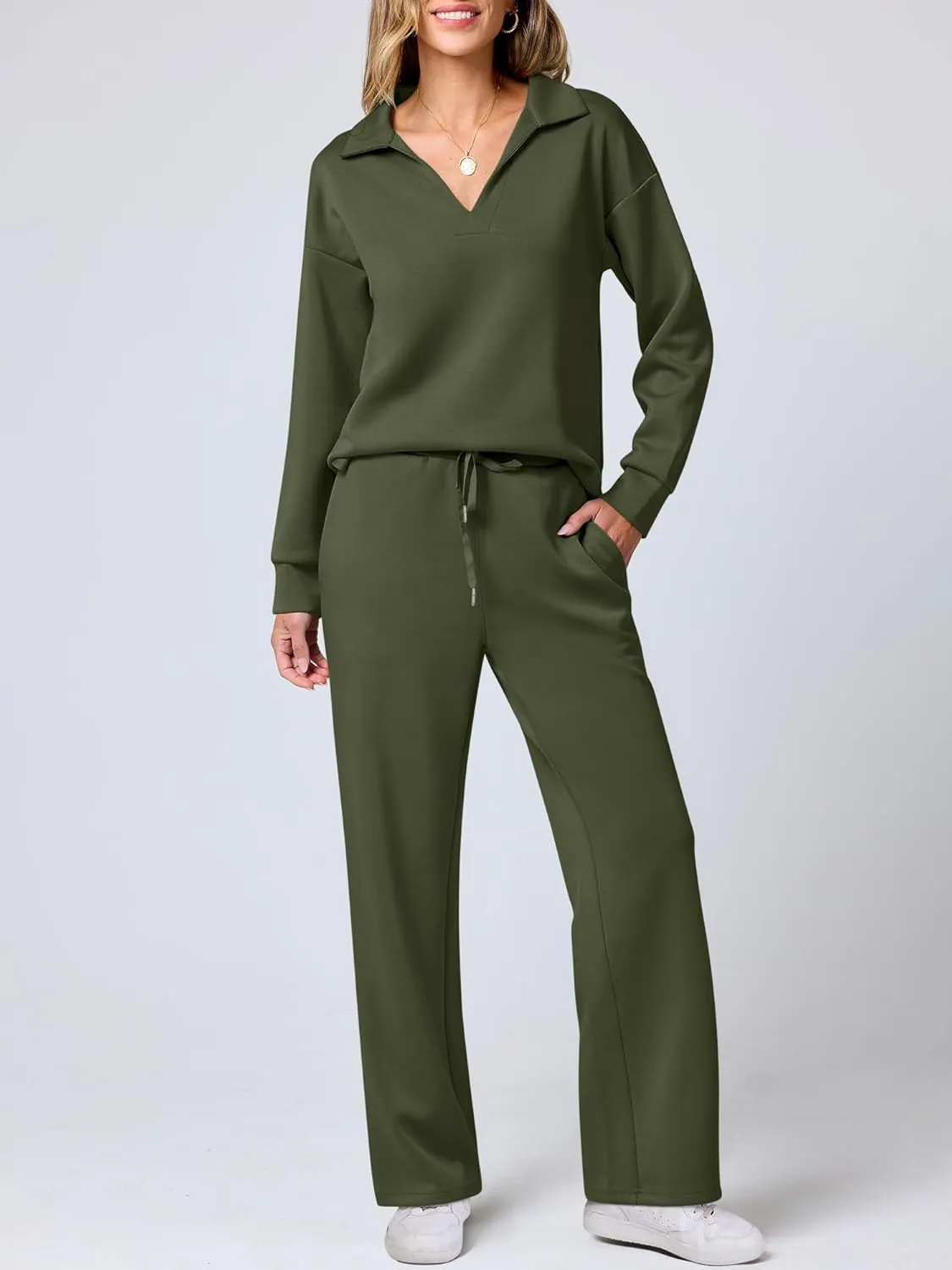ANRABESS Women's 2 Piece Outfits Lounge Sets Casual Long Sleeve Sweatsuits Polo Top Wide Leg Pants Spring Sweat Matching Sets