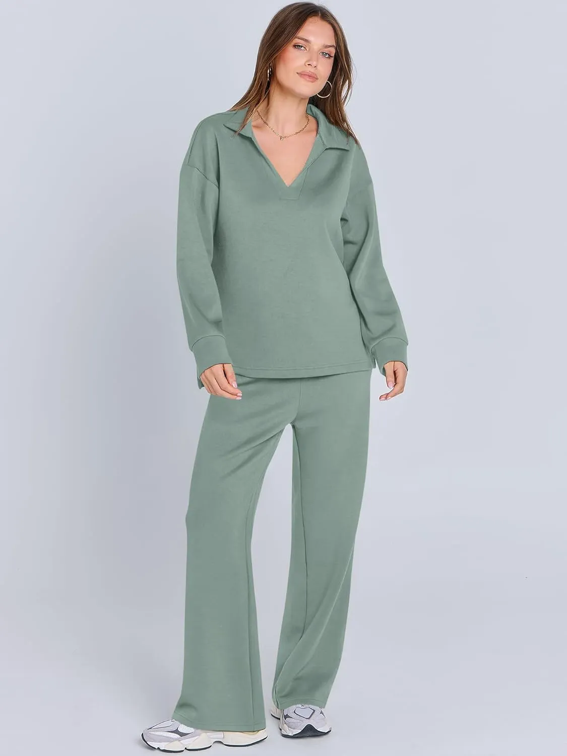 ANRABESS Women's 2 Piece Outfits Lounge Sets Casual Long Sleeve Sweatsuits Polo Top Wide Leg Pants Spring Sweat Matching Sets