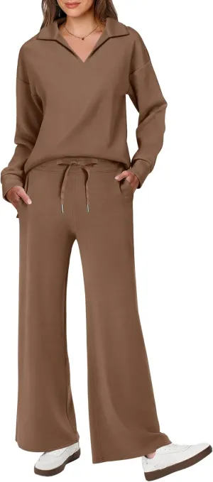 ANRABESS Women's 2 Piece Outfits Lounge Sets Casual Long Sleeve Sweatsuits Polo Top Wide Leg Pants Spring Sweat Matching Sets
