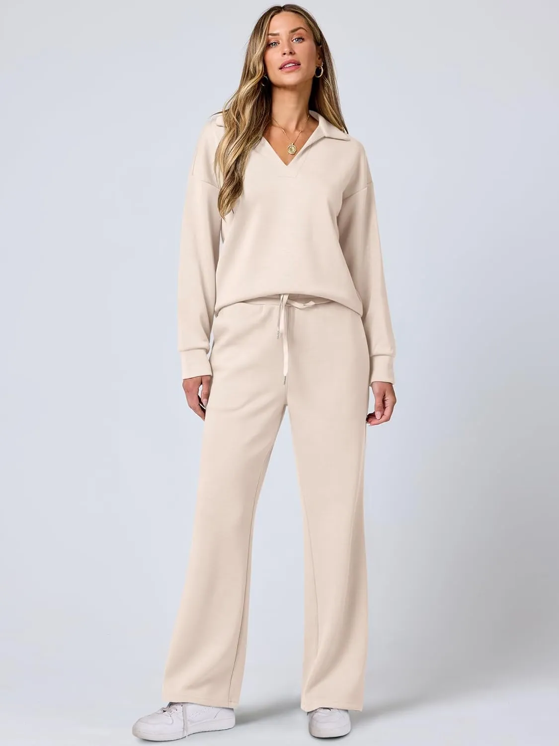 ANRABESS Women's 2 Piece Outfits Lounge Sets Casual Long Sleeve Sweatsuits Polo Top Wide Leg Pants Spring Sweat Matching Sets
