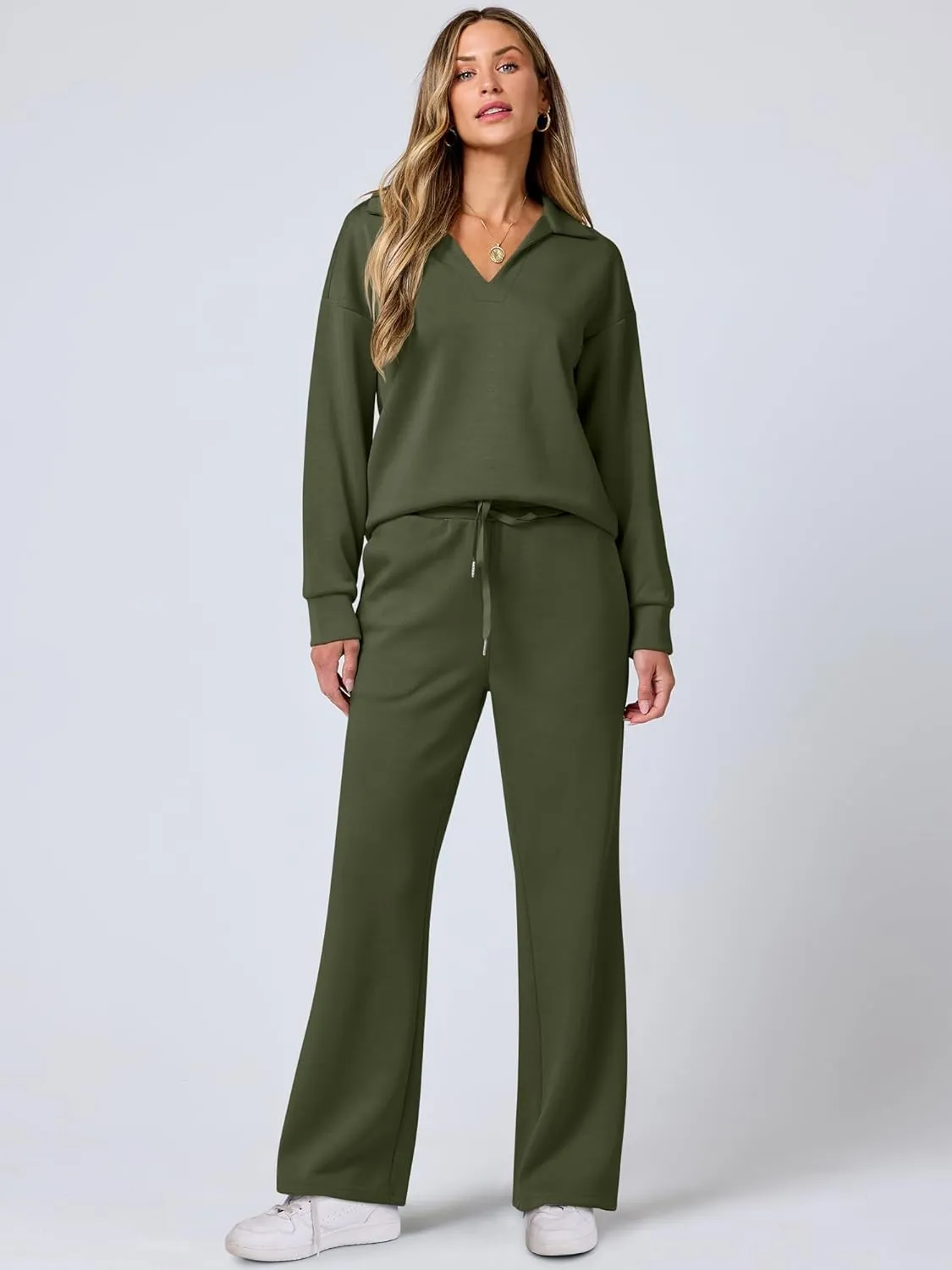 ANRABESS Women's 2 Piece Outfits Lounge Sets Casual Long Sleeve Sweatsuits Polo Top Wide Leg Pants Spring Sweat Matching Sets