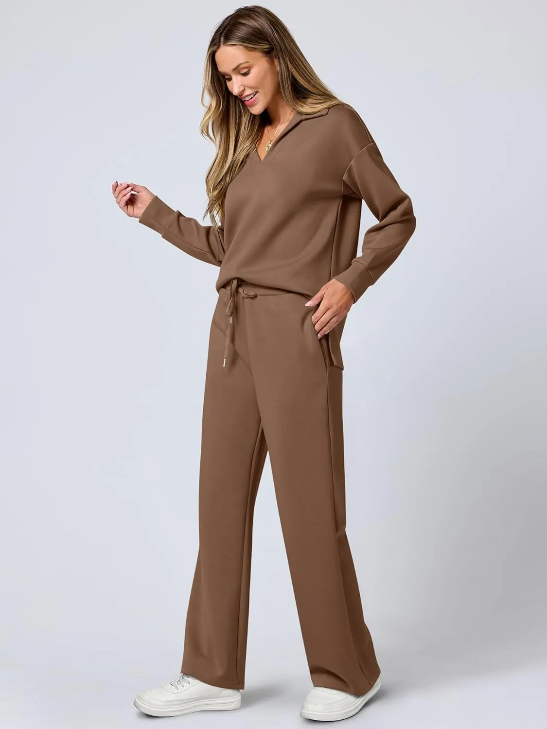 ANRABESS Women's 2 Piece Outfits Lounge Sets Casual Long Sleeve Sweatsuits Polo Top Wide Leg Pants Spring Sweat Matching Sets