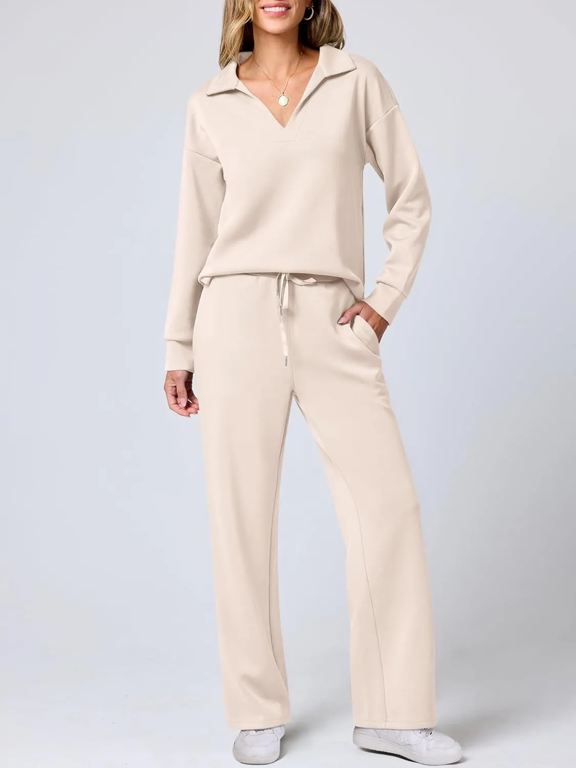 ANRABESS Women's 2 Piece Outfits Lounge Sets Casual Long Sleeve Sweatsuits Polo Top Wide Leg Pants Spring Sweat Matching Sets