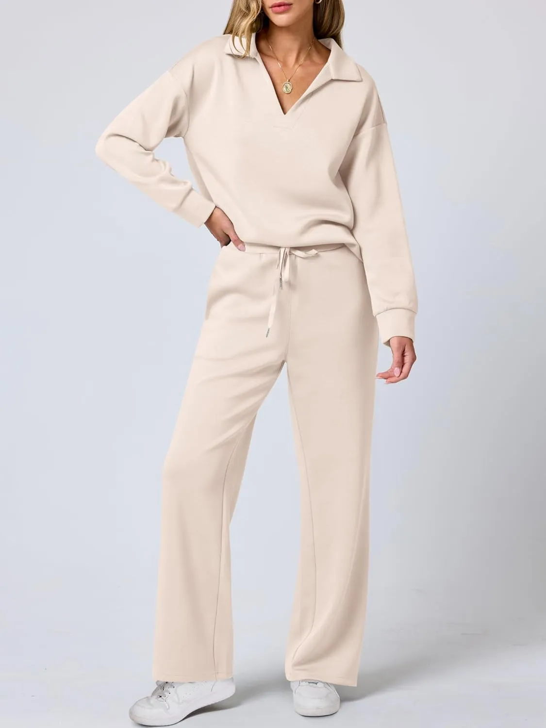 ANRABESS Women's 2 Piece Outfits Lounge Sets Casual Long Sleeve Sweatsuits Polo Top Wide Leg Pants Spring Sweat Matching Sets