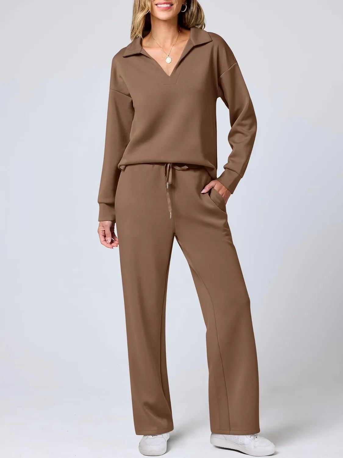 ANRABESS Women's 2 Piece Outfits Lounge Sets Casual Long Sleeve Sweatsuits Polo Top Wide Leg Pants Spring Sweat Matching Sets