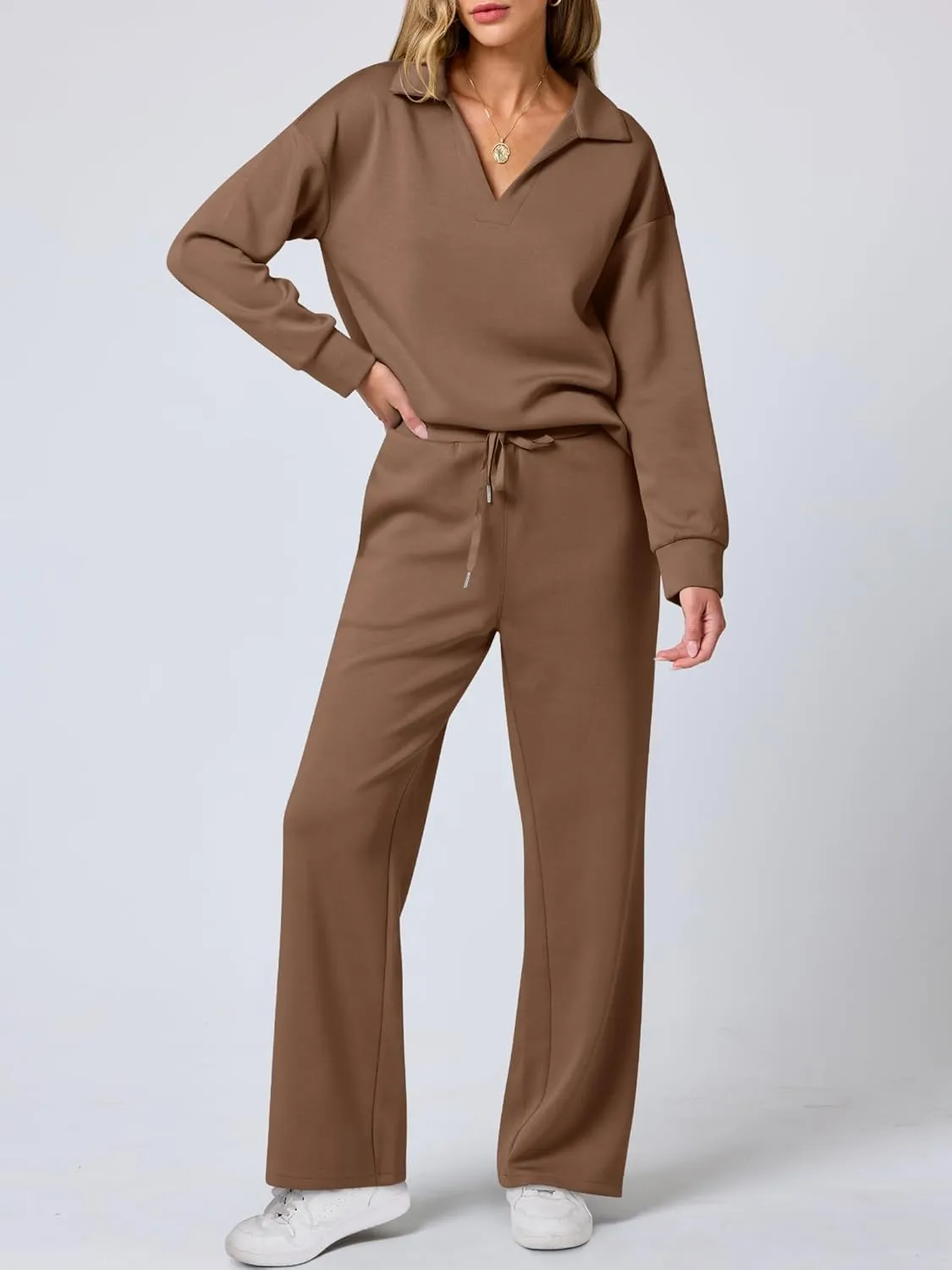ANRABESS Women's 2 Piece Outfits Lounge Sets Casual Long Sleeve Sweatsuits Polo Top Wide Leg Pants Spring Sweat Matching Sets