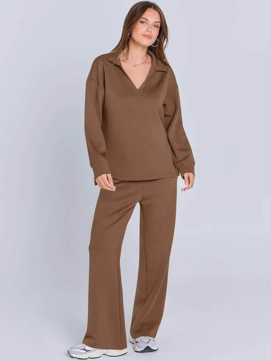 ANRABESS Women's 2 Piece Outfits Lounge Sets Casual Long Sleeve Sweatsuits Polo Top Wide Leg Pants Spring Sweat Matching Sets