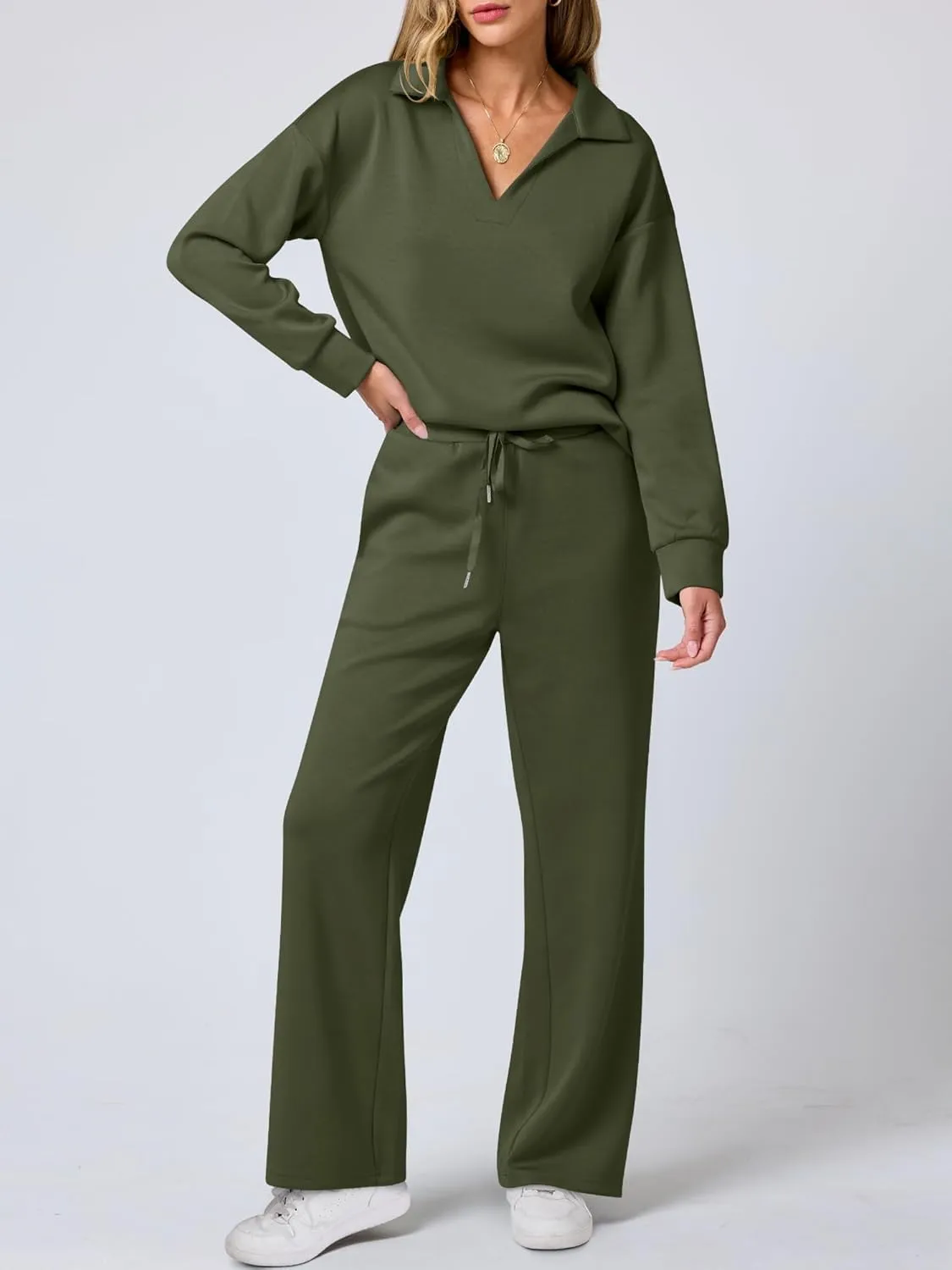 ANRABESS Women's 2 Piece Outfits Lounge Sets Casual Long Sleeve Sweatsuits Polo Top Wide Leg Pants Spring Sweat Matching Sets