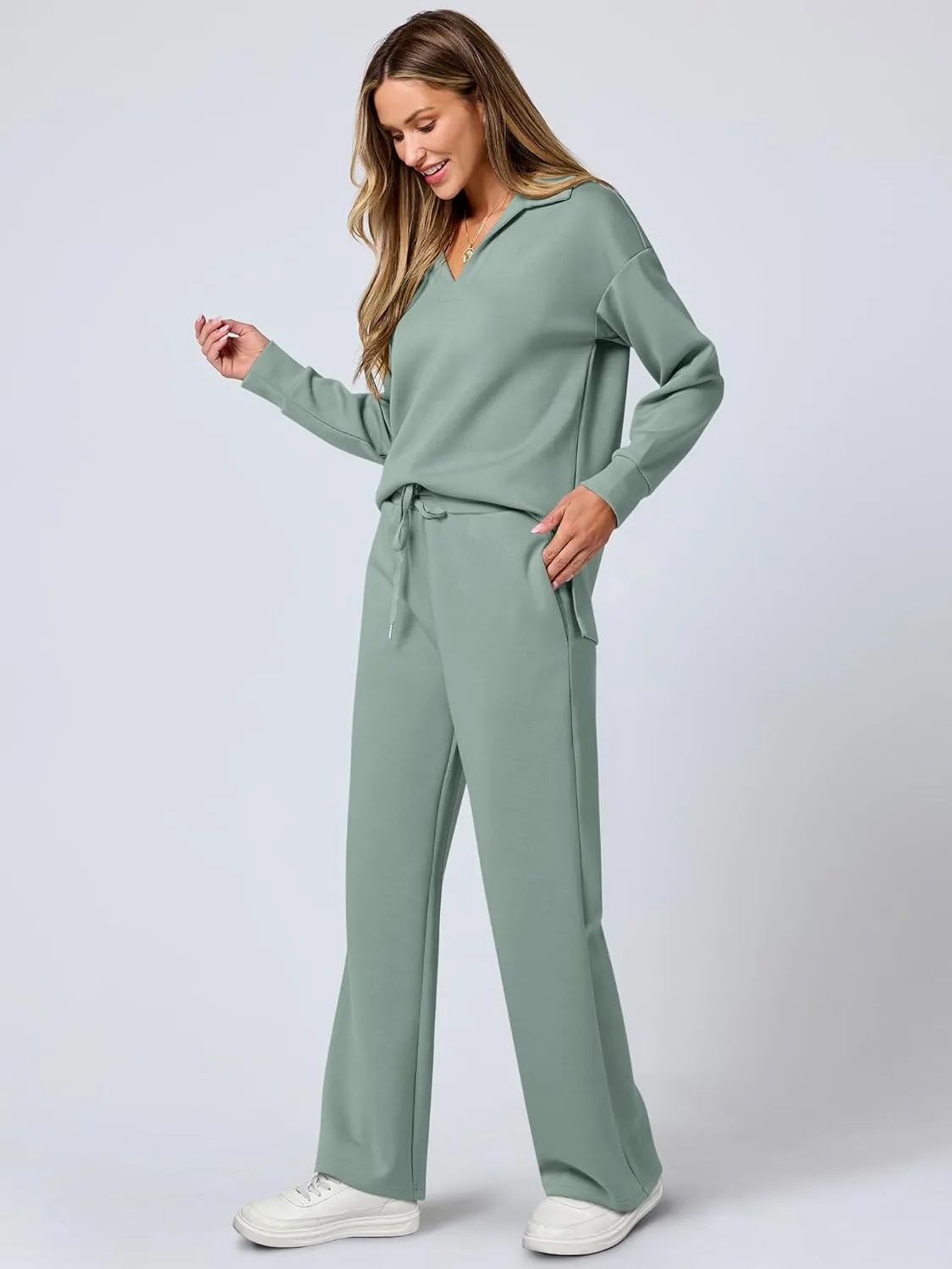 ANRABESS Women's 2 Piece Outfits Lounge Sets Casual Long Sleeve Sweatsuits Polo Top Wide Leg Pants Spring Sweat Matching Sets