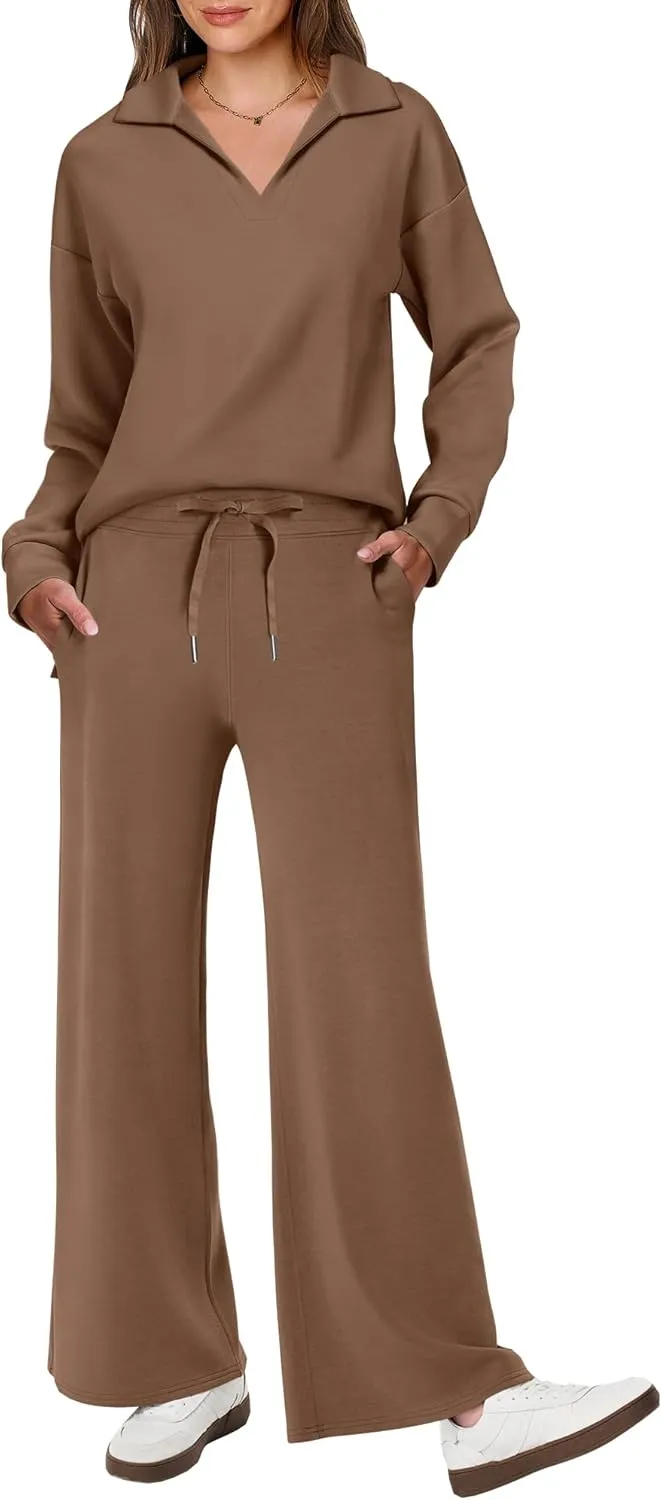 ANRABESS Women's 2 Piece Outfits Lounge Sets Casual Long Sleeve Sweatsuits Polo Top Wide Leg Pants Spring Sweat Matching Sets