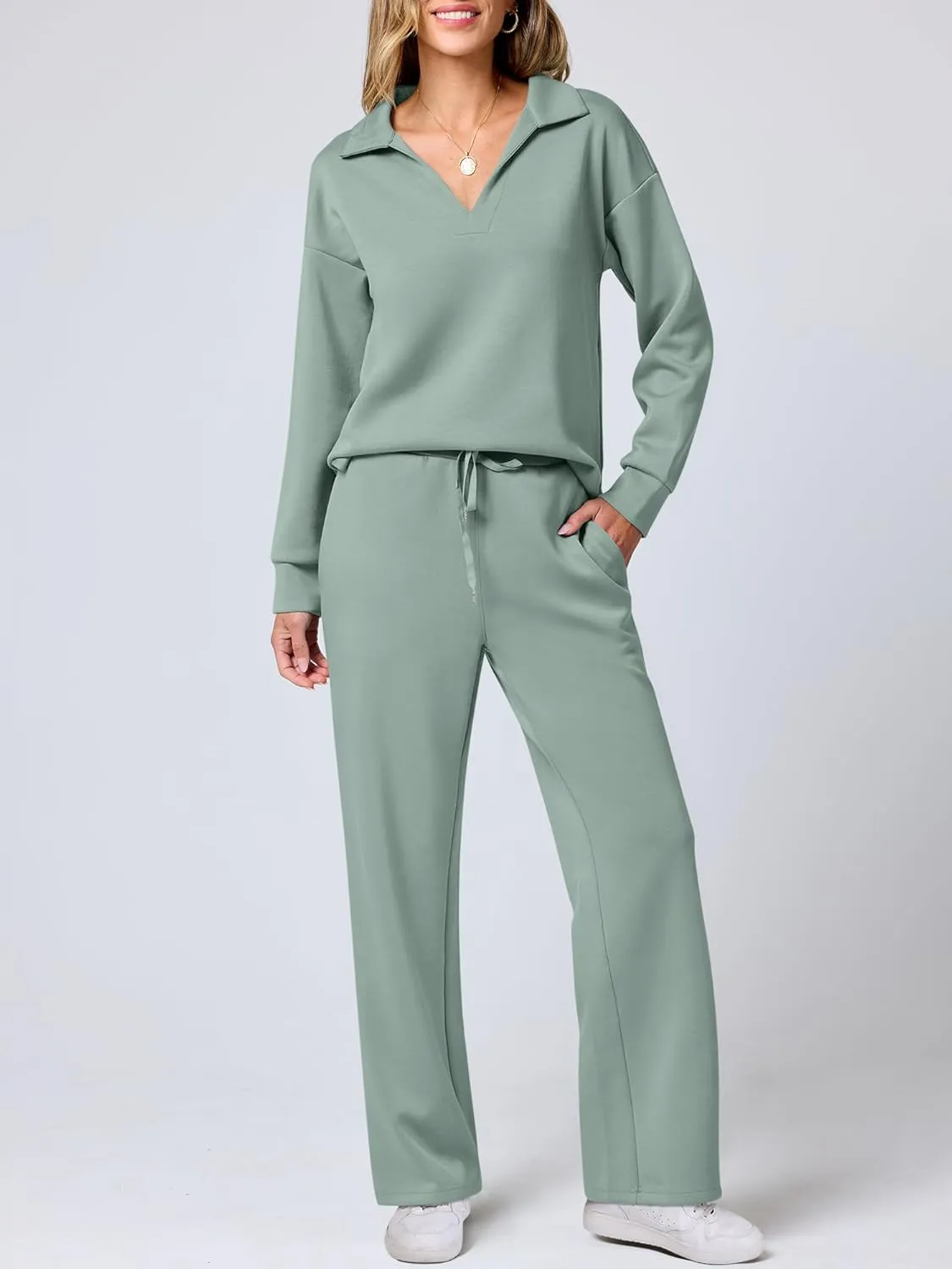 ANRABESS Women's 2 Piece Outfits Lounge Sets Casual Long Sleeve Sweatsuits Polo Top Wide Leg Pants Spring Sweat Matching Sets