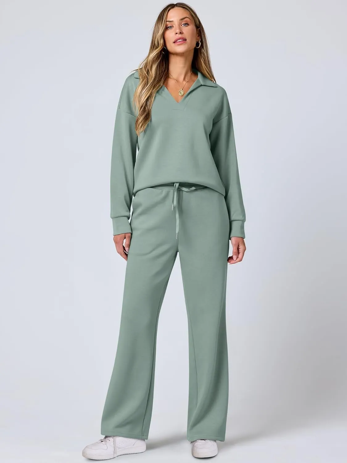 ANRABESS Women's 2 Piece Outfits Lounge Sets Casual Long Sleeve Sweatsuits Polo Top Wide Leg Pants Spring Sweat Matching Sets