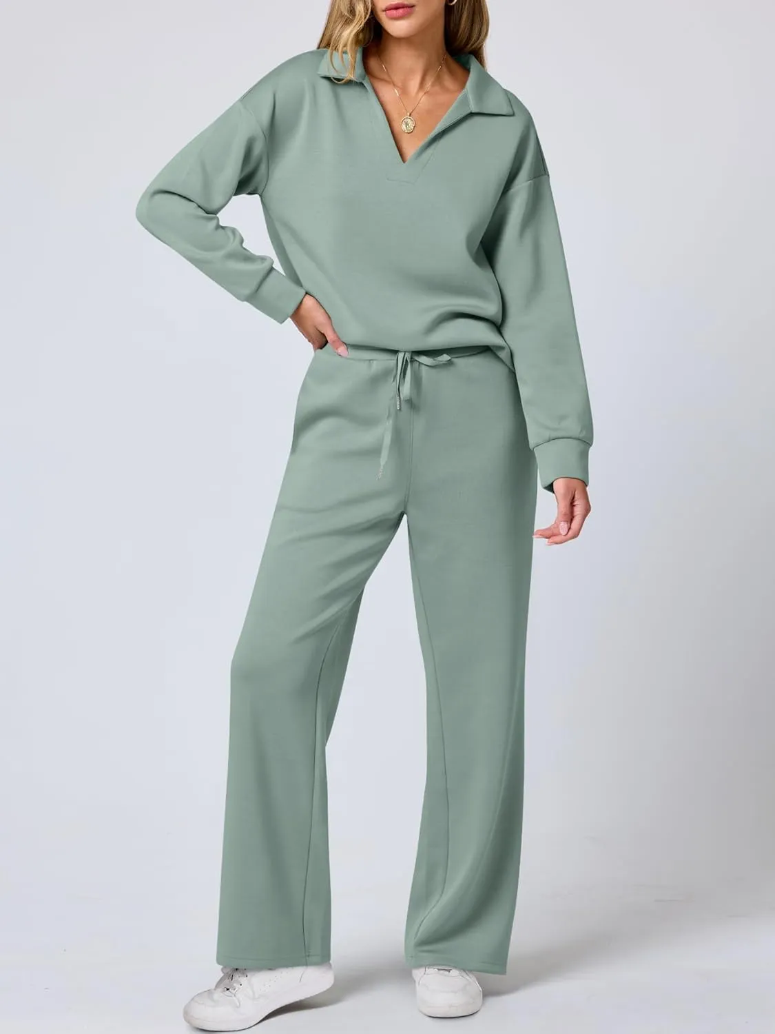 ANRABESS Women's 2 Piece Outfits Lounge Sets Casual Long Sleeve Sweatsuits Polo Top Wide Leg Pants Spring Sweat Matching Sets