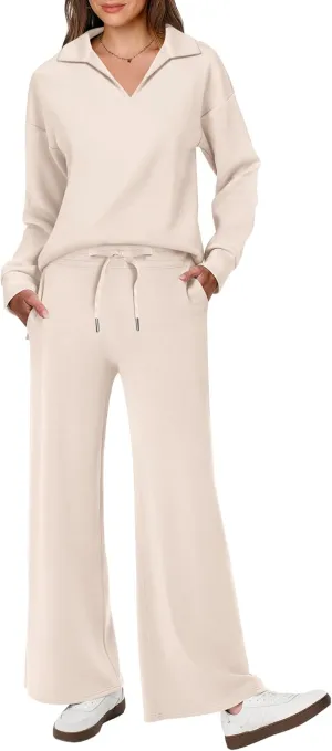 ANRABESS Women's 2 Piece Outfits Lounge Sets Casual Long Sleeve Sweatsuits Polo Top Wide Leg Pants Spring Sweat Matching Sets