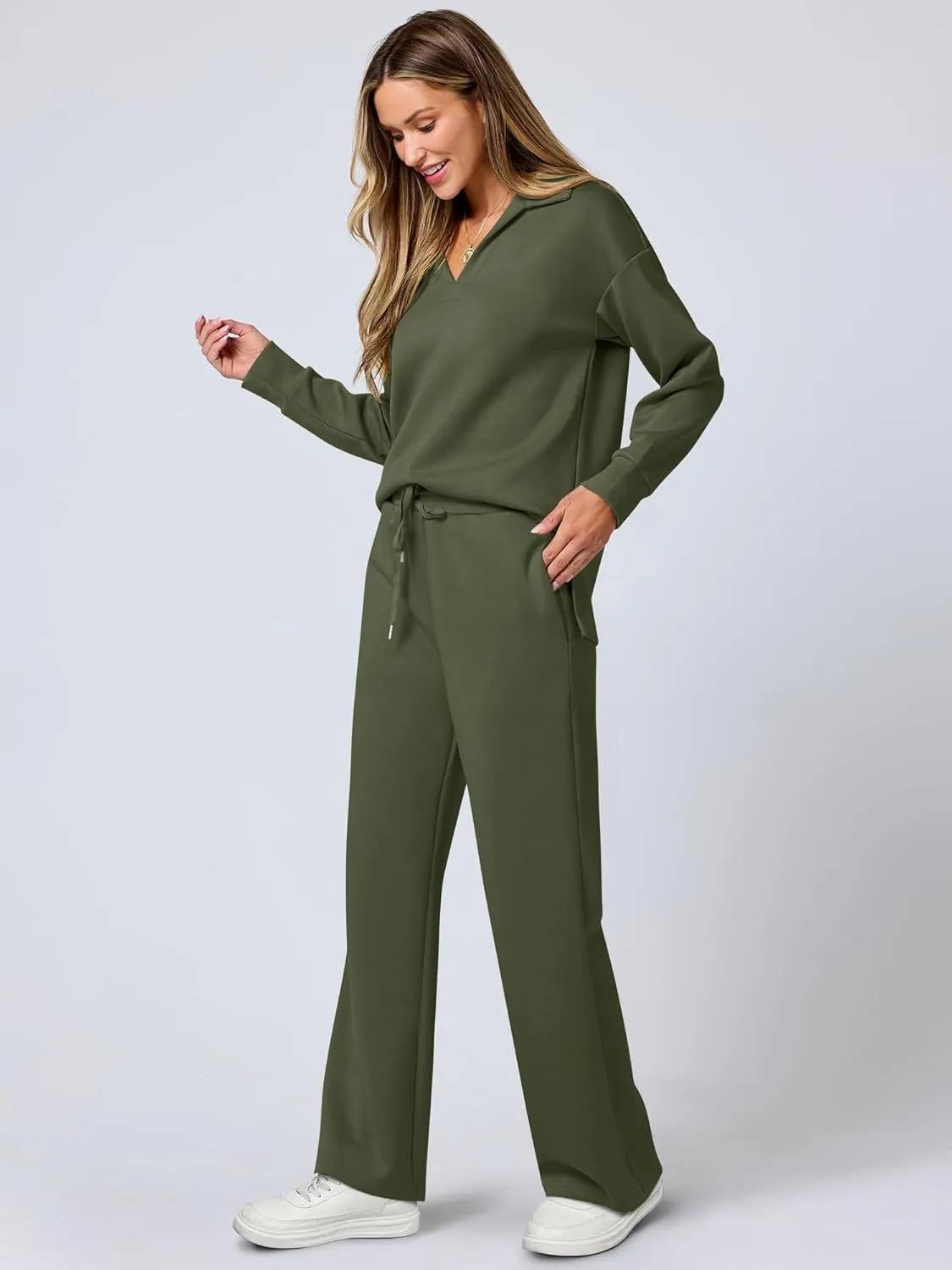 ANRABESS Women's 2 Piece Outfits Lounge Sets Casual Long Sleeve Sweatsuits Polo Top Wide Leg Pants Spring Sweat Matching Sets