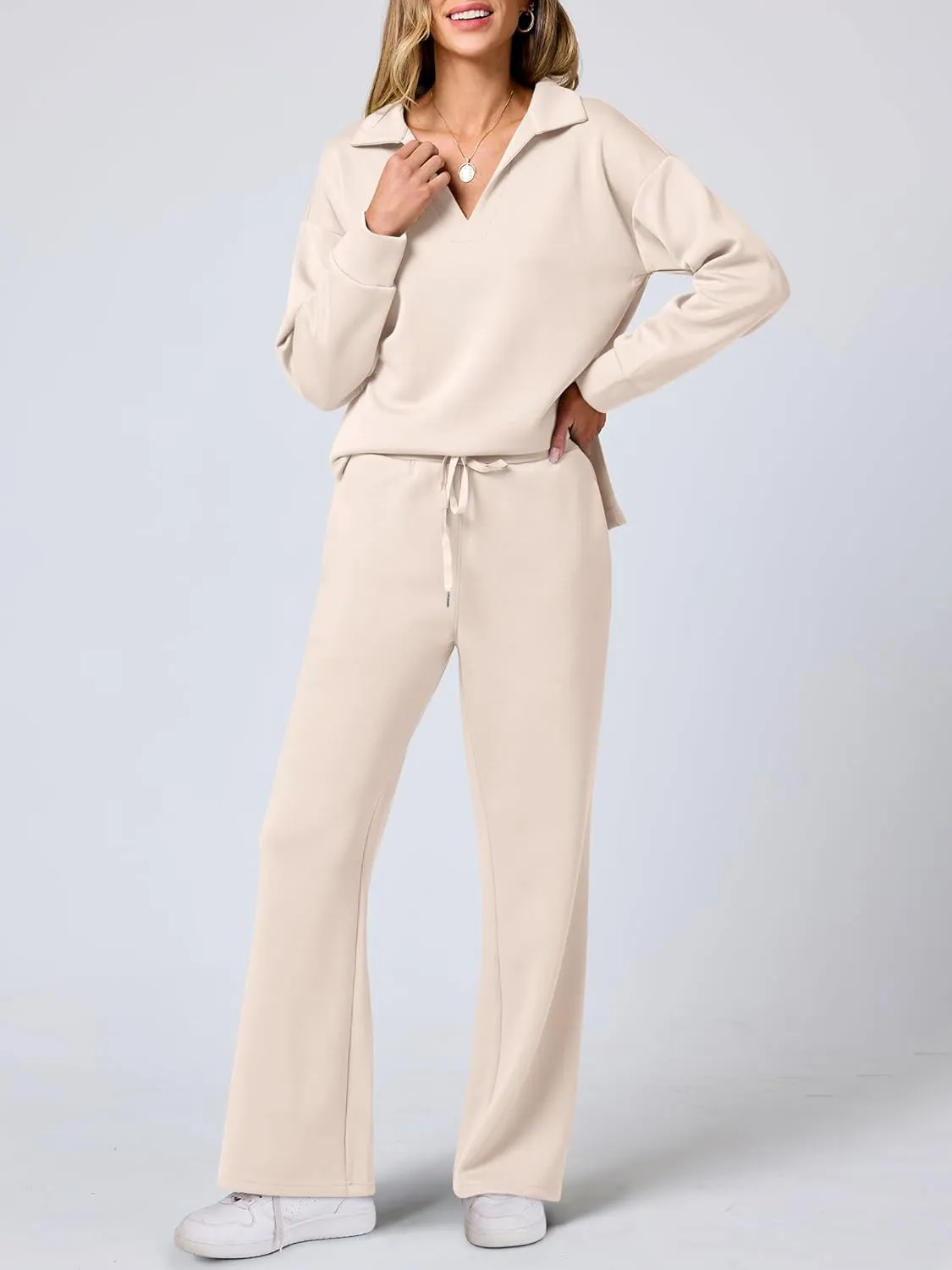 ANRABESS Women's 2 Piece Outfits Lounge Sets Casual Long Sleeve Sweatsuits Polo Top Wide Leg Pants Spring Sweat Matching Sets