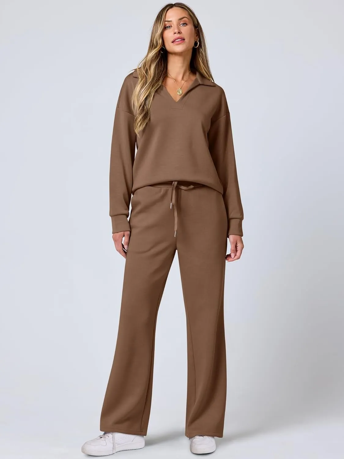 ANRABESS Women's 2 Piece Outfits Lounge Sets Casual Long Sleeve Sweatsuits Polo Top Wide Leg Pants Spring Sweat Matching Sets