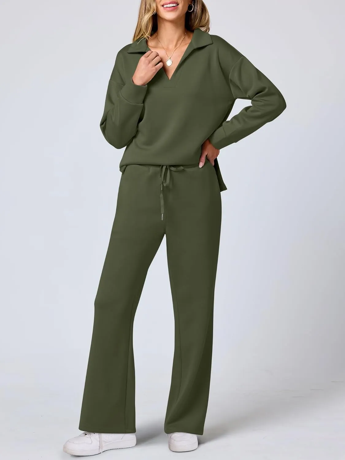 ANRABESS Women's 2 Piece Outfits Lounge Sets Casual Long Sleeve Sweatsuits Polo Top Wide Leg Pants Spring Sweat Matching Sets