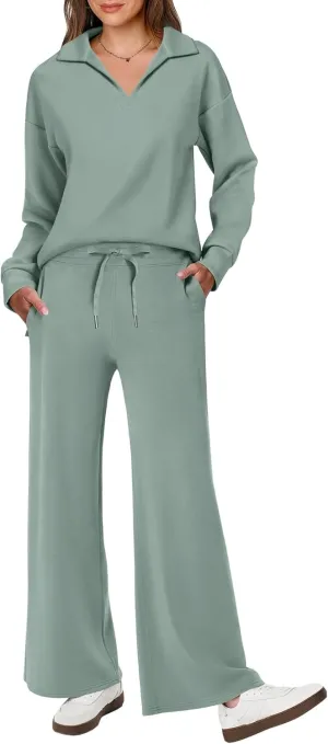 ANRABESS Women's 2 Piece Outfits Lounge Sets Casual Long Sleeve Sweatsuits Polo Top Wide Leg Pants Spring Sweat Matching Sets
