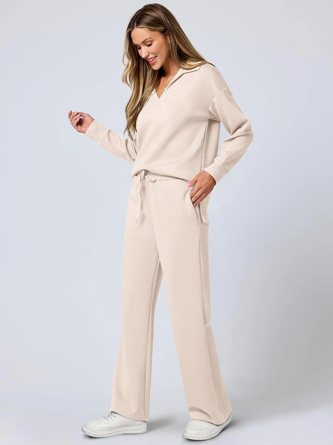 ANRABESS Women's 2 Piece Outfits Lounge Sets Casual Long Sleeve Sweatsuits Polo Top Wide Leg Pants Spring Sweat Matching Sets