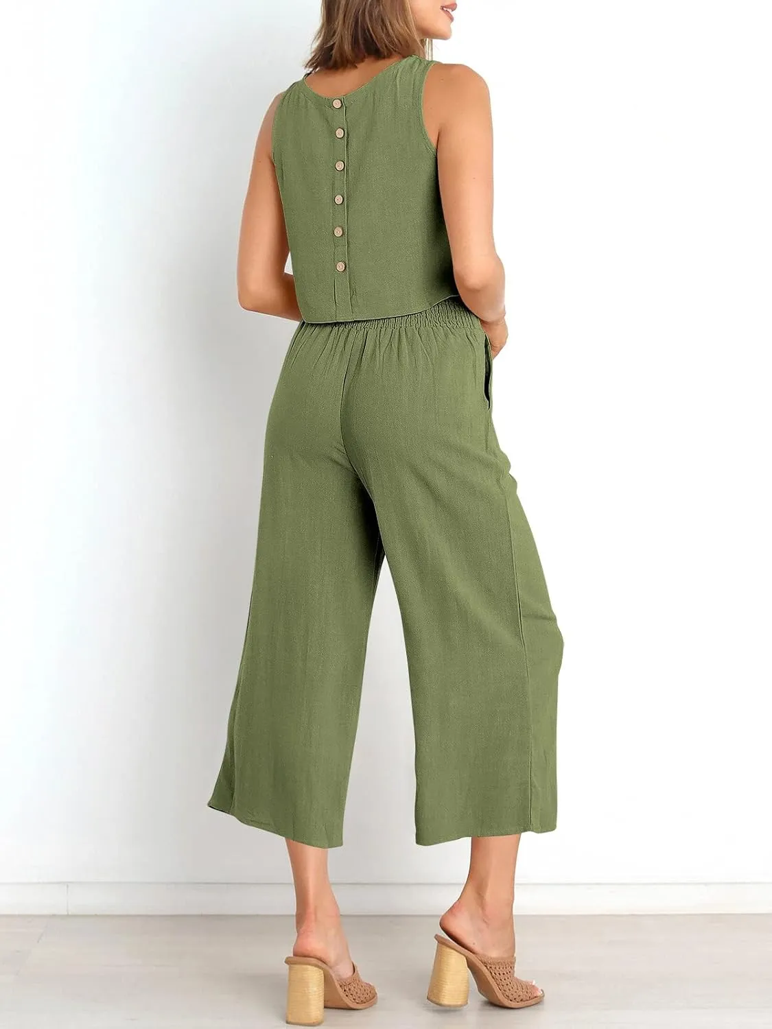 ANRABESS Women's Summer 2 Piece Outfits Sleeveless Crop Top Capri Wide Leg Pants Jumpsuit Linen Lounge Beach Travel Sets