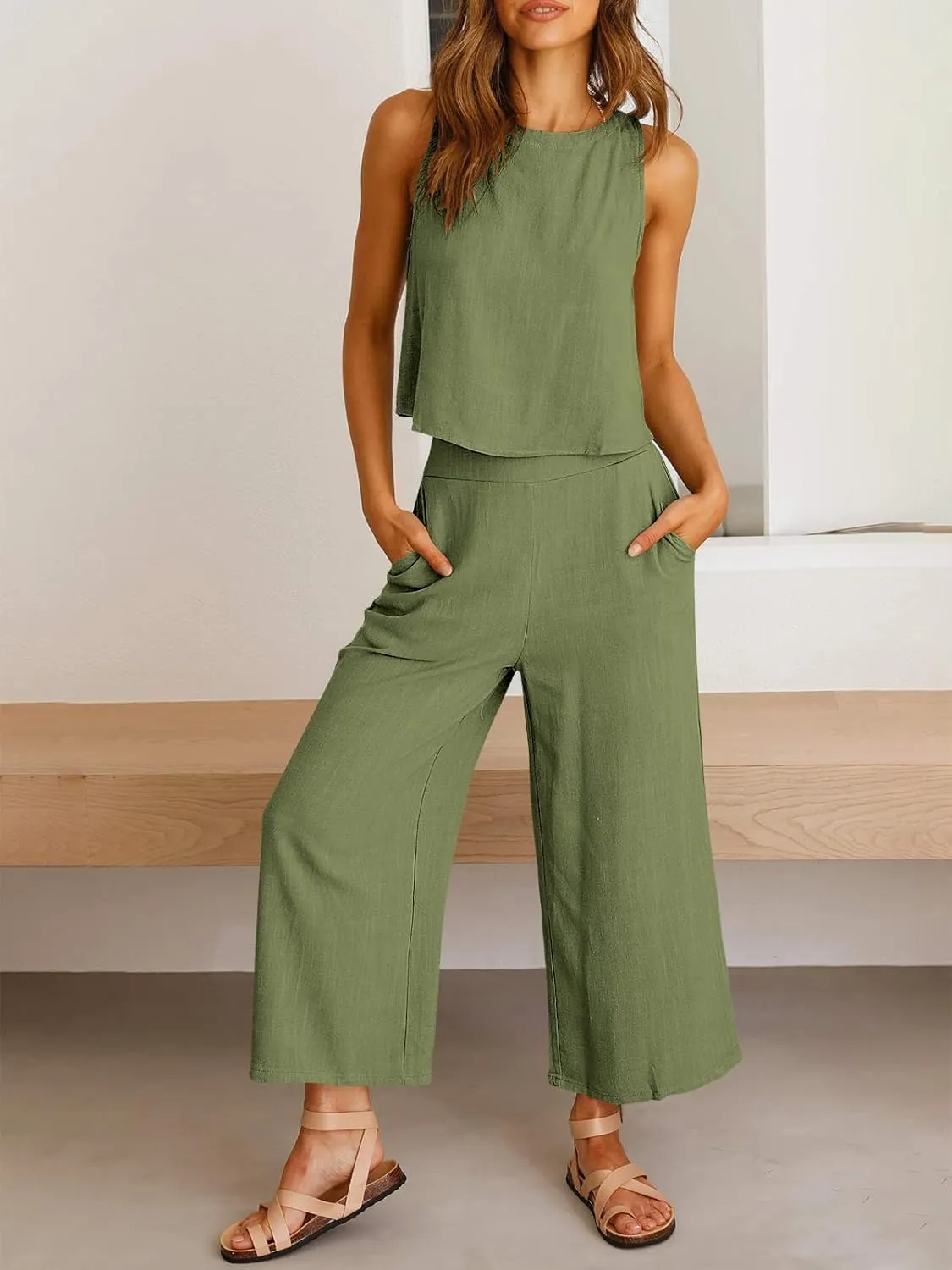 ANRABESS Women's Summer 2 Piece Outfits Sleeveless Crop Top Capri Wide Leg Pants Jumpsuit Linen Lounge Beach Travel Sets