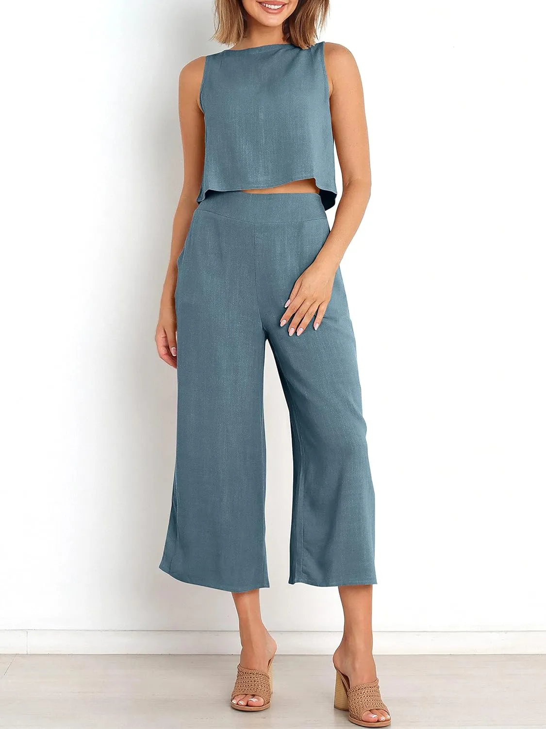 ANRABESS Women's Summer 2 Piece Outfits Sleeveless Crop Top Capri Wide Leg Pants Jumpsuit Linen Lounge Beach Travel Sets