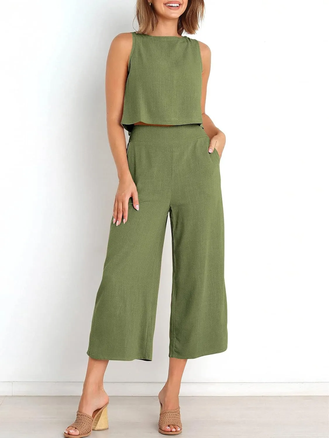ANRABESS Women's Summer 2 Piece Outfits Sleeveless Crop Top Capri Wide Leg Pants Jumpsuit Linen Lounge Beach Travel Sets