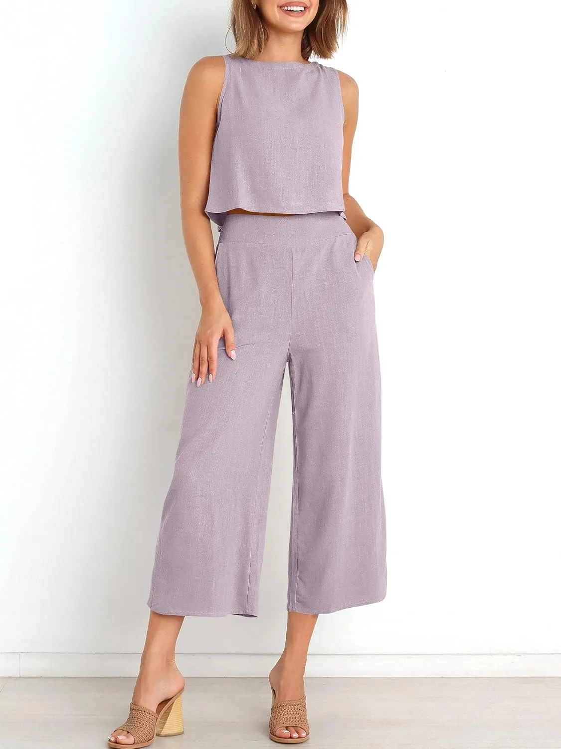 ANRABESS Women's Summer 2 Piece Outfits Sleeveless Crop Top Capri Wide Leg Pants Jumpsuit Linen Lounge Beach Travel Sets