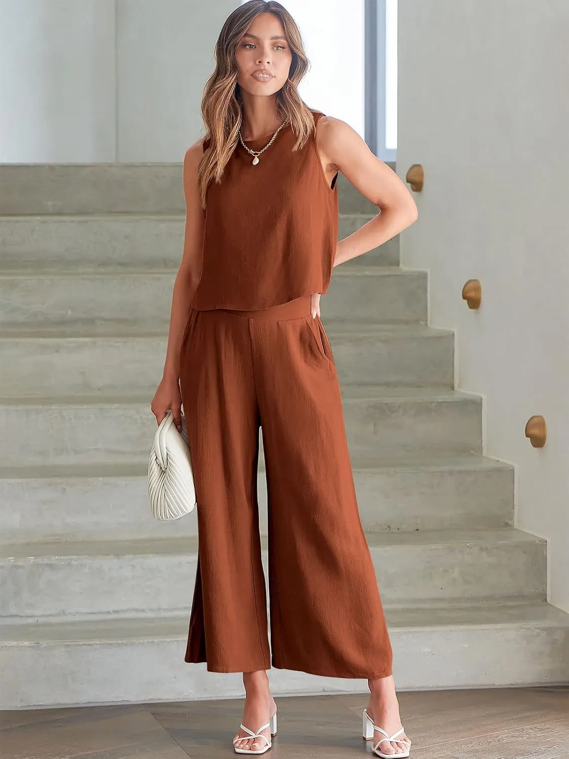 ANRABESS Women's Summer 2 Piece Outfits Sleeveless Crop Top Capri Wide Leg Pants Jumpsuit Linen Lounge Beach Travel Sets