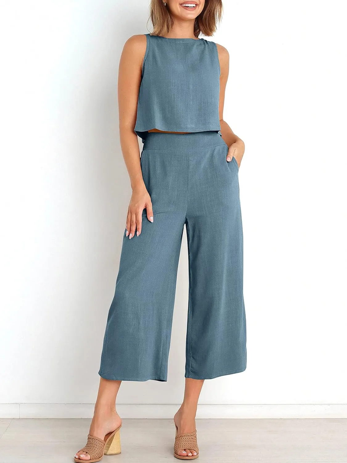 ANRABESS Women's Summer 2 Piece Outfits Sleeveless Crop Top Capri Wide Leg Pants Jumpsuit Linen Lounge Beach Travel Sets